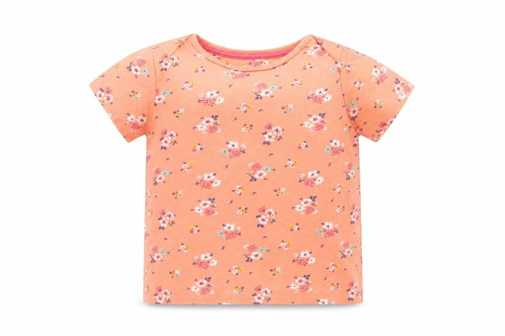 Front view of F&F Baby Orange Floral Cotton Pullover T-Shirt, size 6-9, Months Crew Neck Pullover