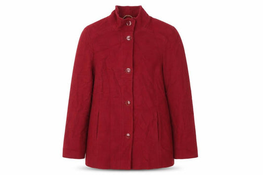 Front view of Marks & Spencer women’s red pea coat coat, size UK 14, button