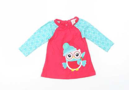 Ollie's Place Baby Pink Geometric Cotton Pullover T-Shirt Size 6-9 Months Crew Neck Button - Cute Owl