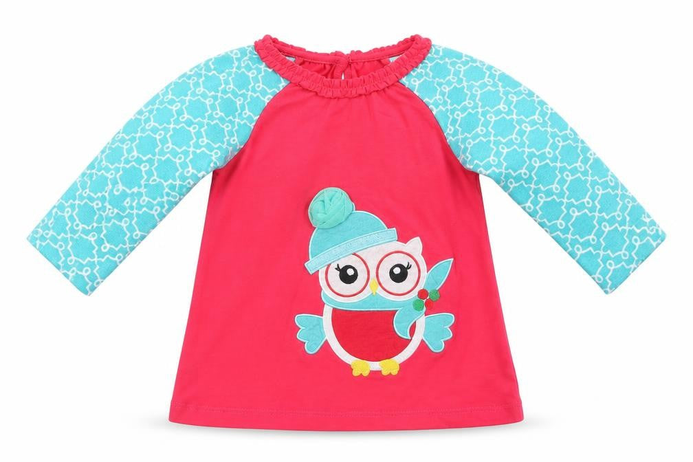 Front view of Ollie's Place Baby Pink Geometric Cotton Pullover T-Shirt, size 6-9, Months Crew Neck Button - Cute Owl
