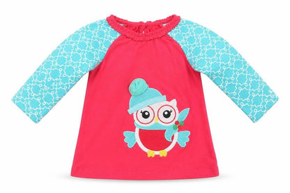 Front view of Ollie's Place Baby Pink Geometric Cotton Pullover T-Shirt, size 6-9, Months Crew Neck Button - Cute Owl