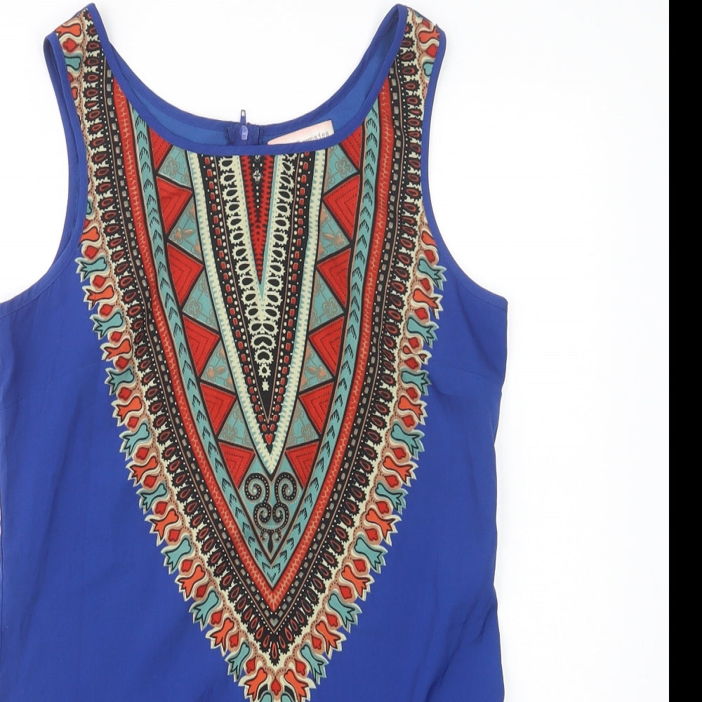 Band of Gypsies Womens Blue Geometric Polyester Tank Dress  Size S  Scoop Neck Zip