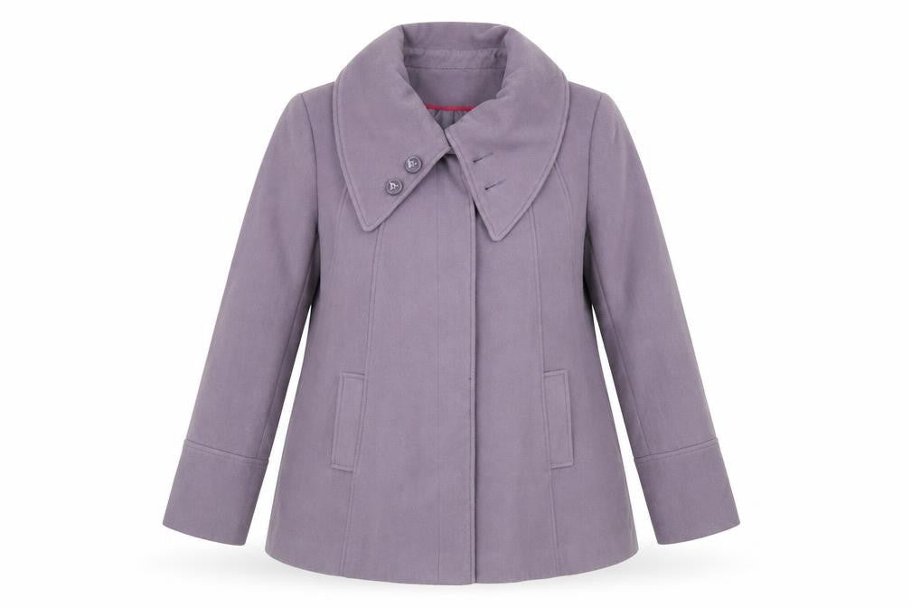 Front view of Bonmarché women’s purple pea coat coat, size UK 16, button