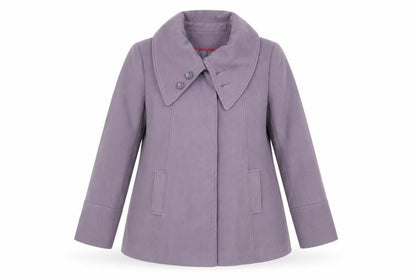Front view of Bonmarché women’s purple pea coat coat, size UK 16, button
