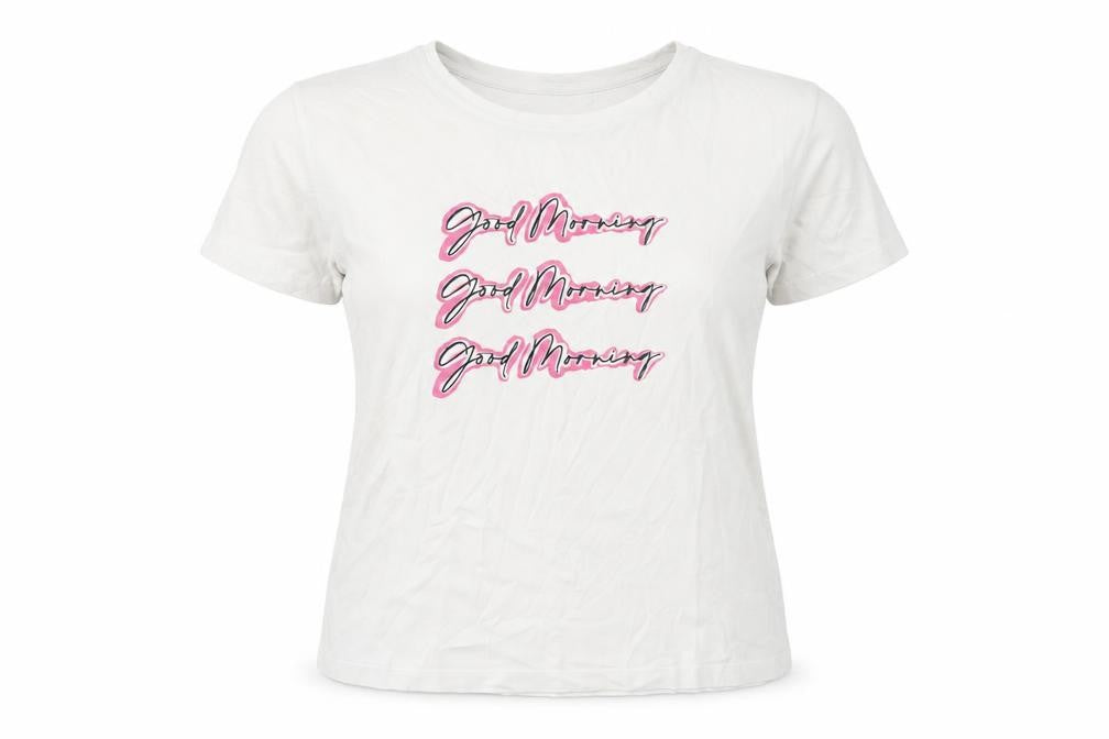 Front view of F&F women’s white cotton top pyjama top, size S, - good morning