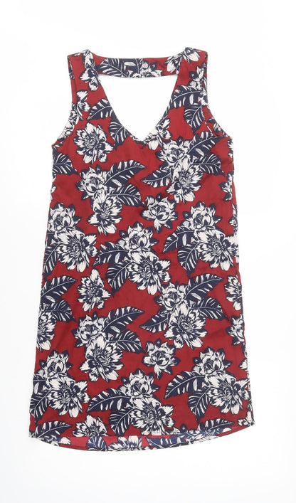 New Look Womens Red Floral Polyester Shift  Size 8  V-Neck Pullover
