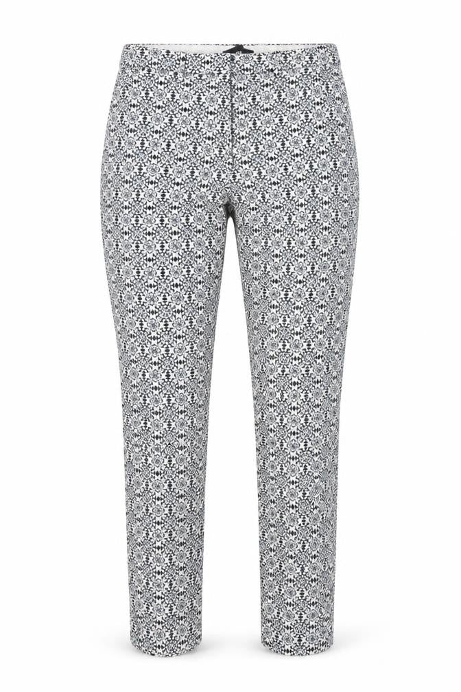 Front view of H&M women’s blue geometric cotton trousers, size UK 6, 26-inch leg regular button