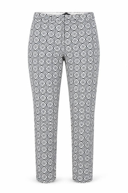 Front view of H&M women’s blue geometric cotton trousers, size UK 6, 26-inch leg regular button