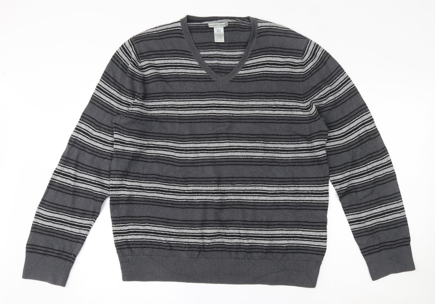 Gap Mens Grey V-Neck Striped Cotton Pullover Jumper Size L