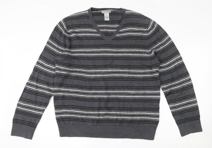 Gap Mens Grey V-Neck Striped Cotton Pullover Jumper Size L