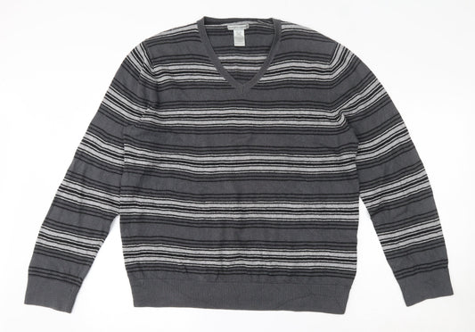 Gap Mens Grey V-Neck Striped Cotton Pullover Jumper Size L