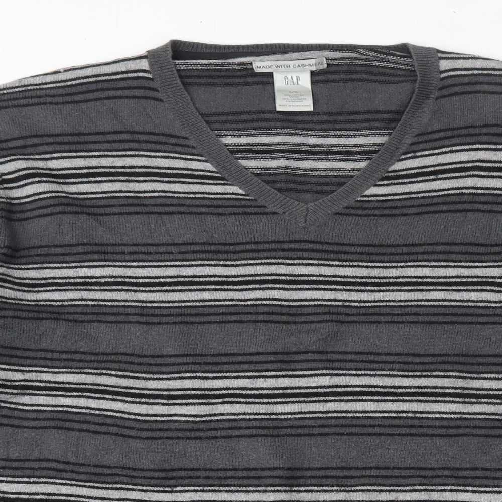 Gap Mens Grey V-Neck Striped Cotton Pullover Jumper Size L