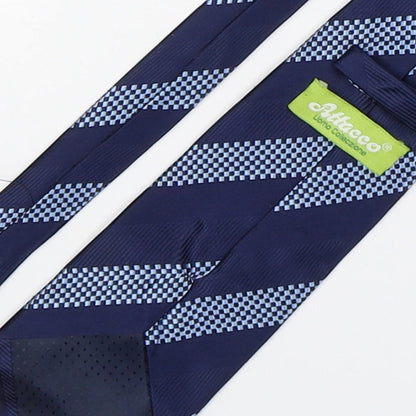 Brand and care label for Attacco men’s blue striped polyester pointed tie one size