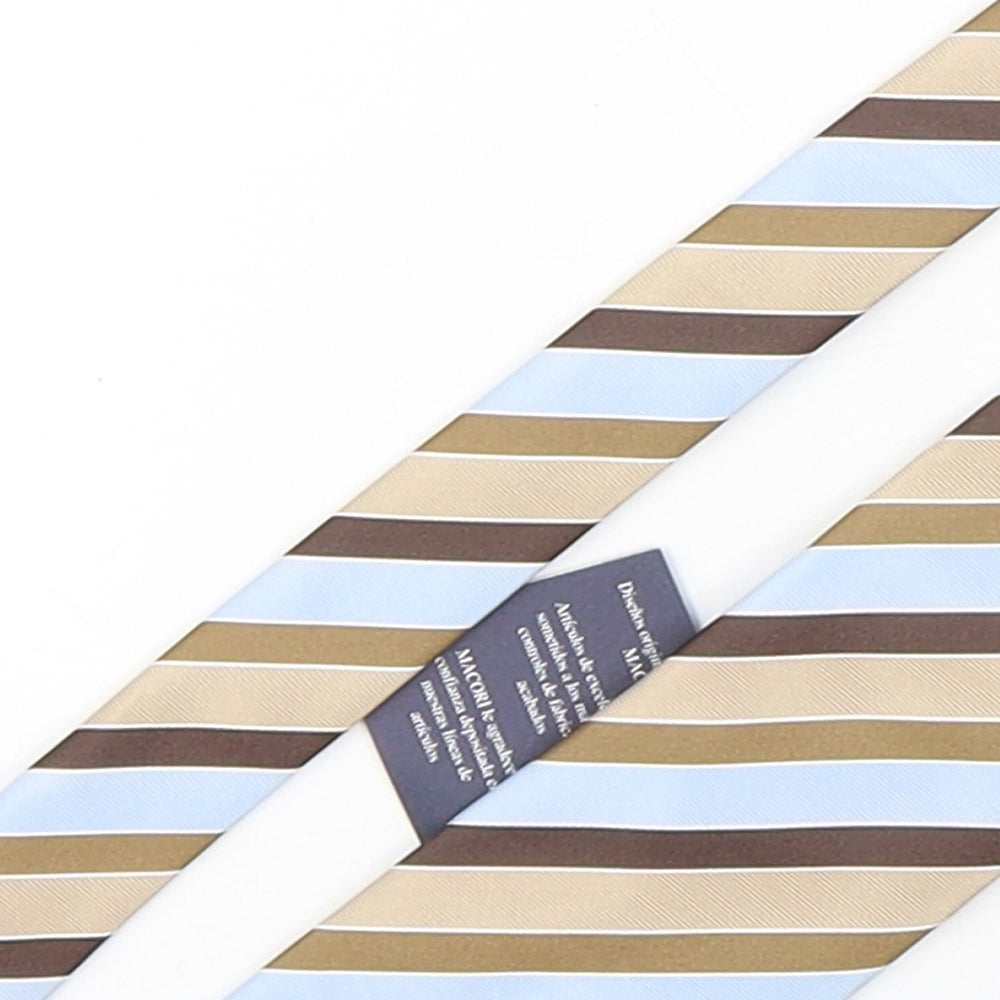 Close-up detail of Macori men’s multicoloured striped silk pointed tie one size