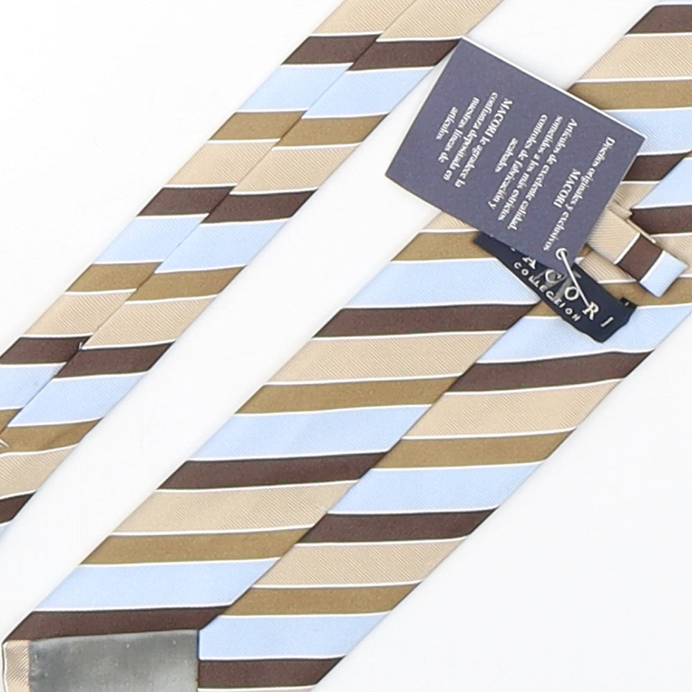 Brand and care label for Macori men’s multicoloured striped silk pointed tie one size