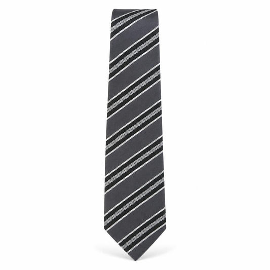 Front view of Preworn men’s grey striped silk pointed tie one size