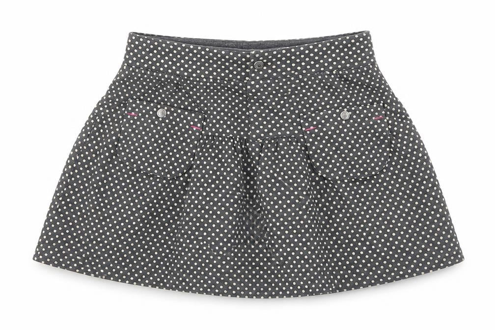 Front view of Coccodrillo girls’ grey polka dot cotton flare skirt, size 3, years regular