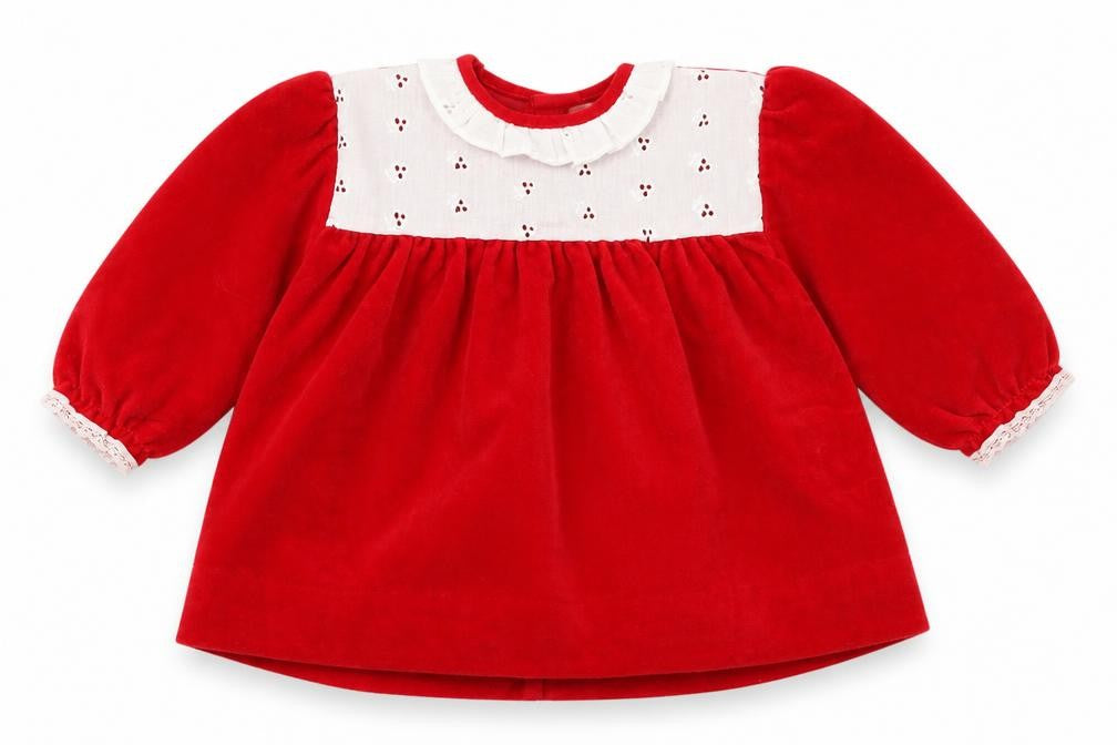 Front view of Preworn girls’ red triacetate tunic blouse, size 9-12, months round neck button - lace trim