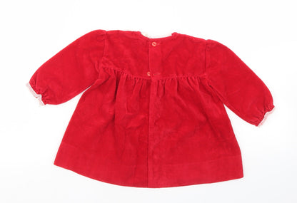 Preworn Girls Red  Triacetate Tunic Blouse Size 9-12 Months Round Neck Button - Lace trim