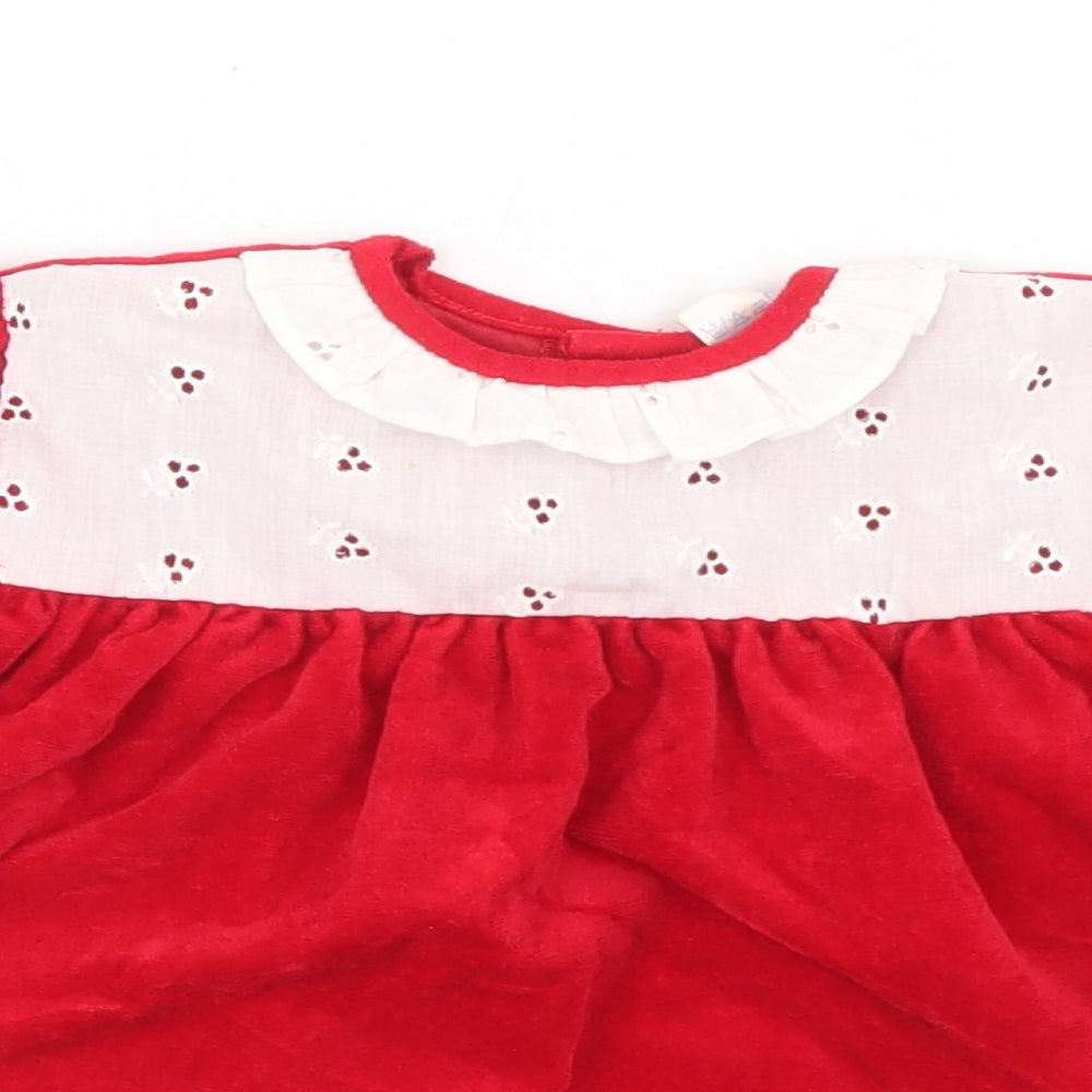 Preworn Girls Red  Triacetate Tunic Blouse Size 9-12 Months Round Neck Button - Lace trim