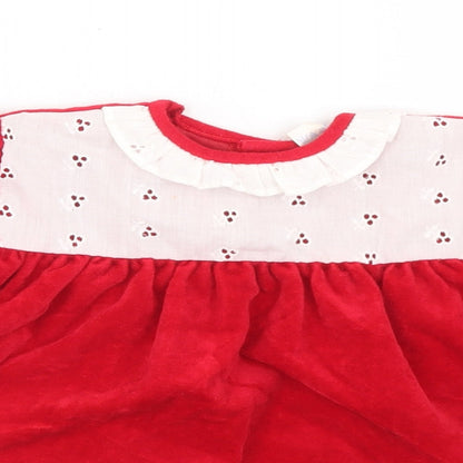 Preworn Girls Red  Triacetate Tunic Blouse Size 9-12 Months Round Neck Button - Lace trim
