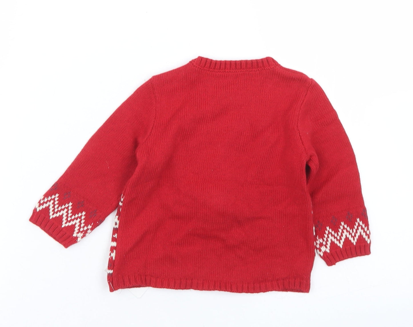Preworn Girls Red Fair Isle Acrylic Pullover Jumper Size 3-6 Months  Button - Reindeer Christmas