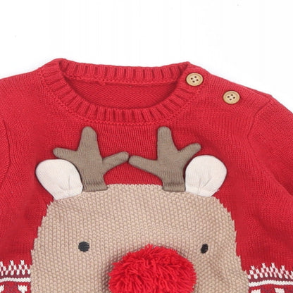 Preworn Girls Red Fair Isle Acrylic Pullover Jumper Size 3-6 Months  Button - Reindeer Christmas