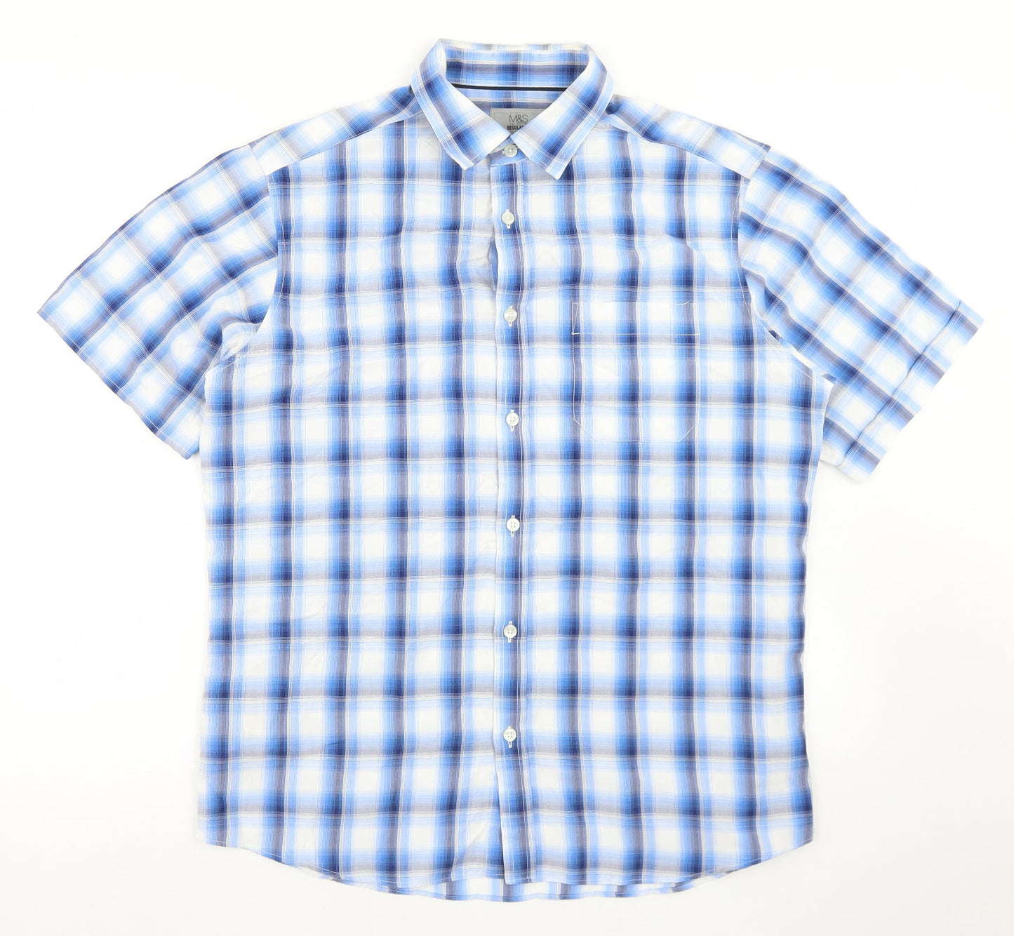 Mens UK Size M Marks and Spencer Blue  Button-Up Short Sleeve Casual Shirt