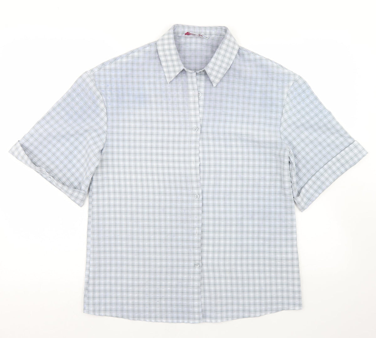 Additional front view of Urban Threads women’s blue check polyester basic button-up, size UK 8, collared
