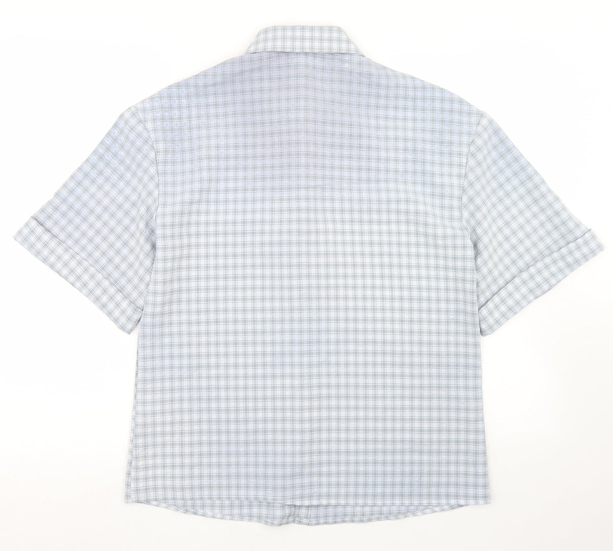 Back view of Urban Threads women’s blue check polyester basic button-up, size UK 8, collared