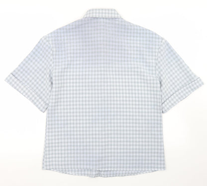 Back view of Urban Threads women’s blue check polyester basic button-up, size UK 8, collared