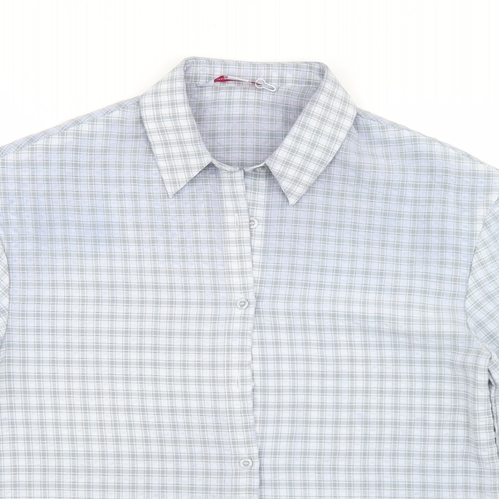 Close-up detail of Urban Threads women’s blue check polyester basic button-up, size UK 8, collared