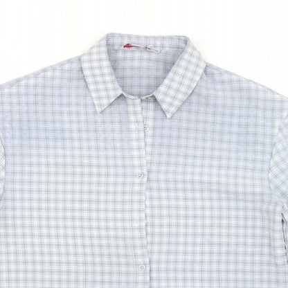 Close-up detail of Urban Threads women’s blue check polyester basic button-up, size UK 8, collared