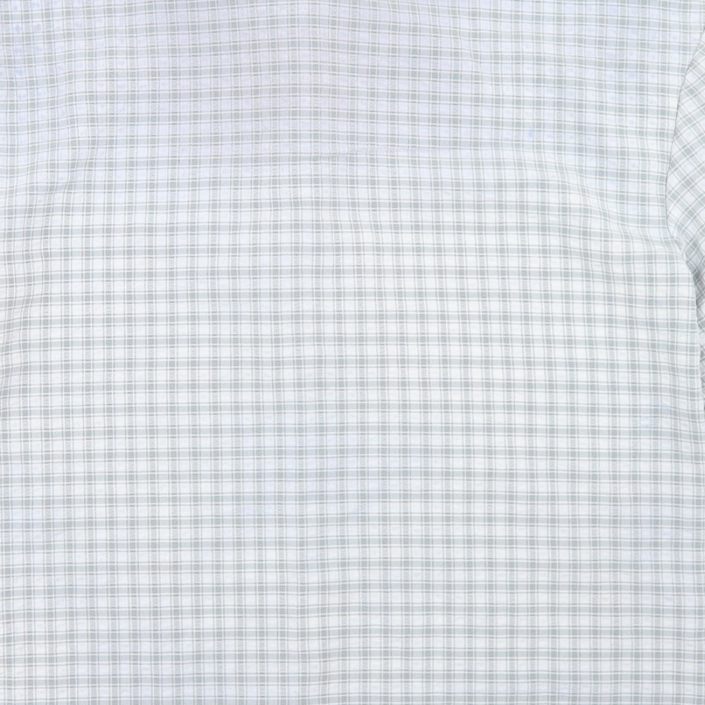 Brand and care label for Urban Threads women’s blue check polyester basic button-up, size UK 8, collared