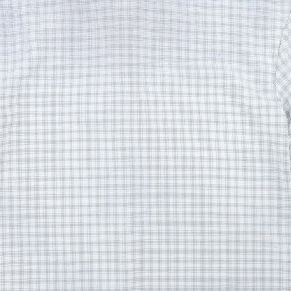 Brand and care label for Urban Threads women’s blue check polyester basic button-up, size UK 8, collared