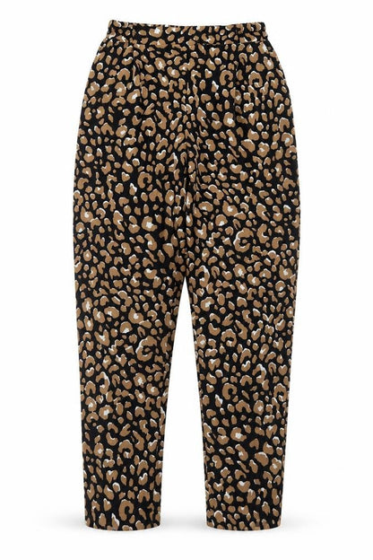 Front view of Primark women’s black animal print polyester dress pants trousers, size UK 8, 27-inch leg regular