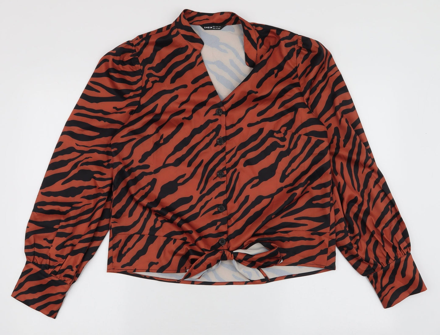 SheIn Womens Brown Animal Print Polyester Basic Blouse Size M Collared