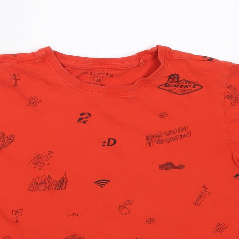 Close-up detail of RESERVED boys’ red geometric cotton basic t-shirt, size 8, years crew neck pullover