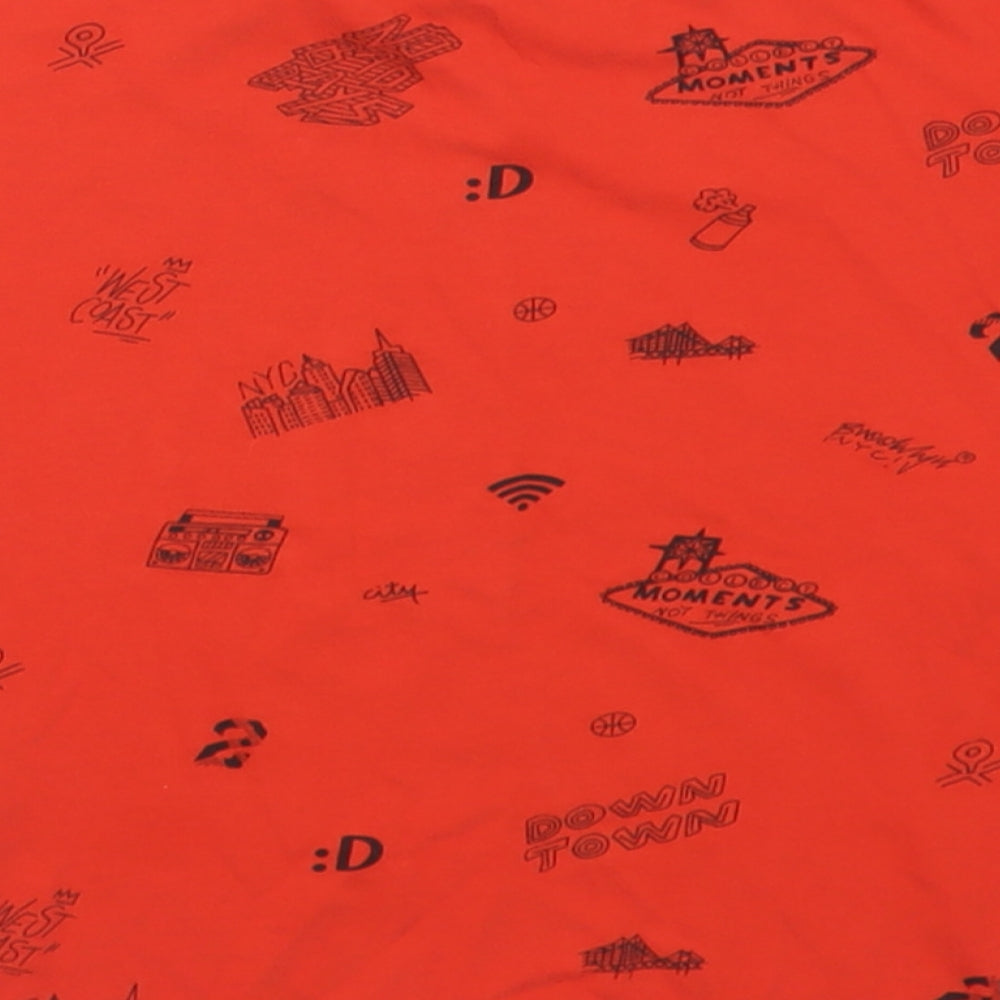 Brand and care label for RESERVED boys’ red geometric cotton basic t-shirt, size 8, years crew neck pullover