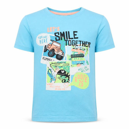 Front view of Preworn boys’ blue cotton basic t-shirt, size 8, years crew neck pullover - lets smile together