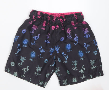Front view of Primark boys’ black geometric polyester sweat shorts, size 8-9, years regular
