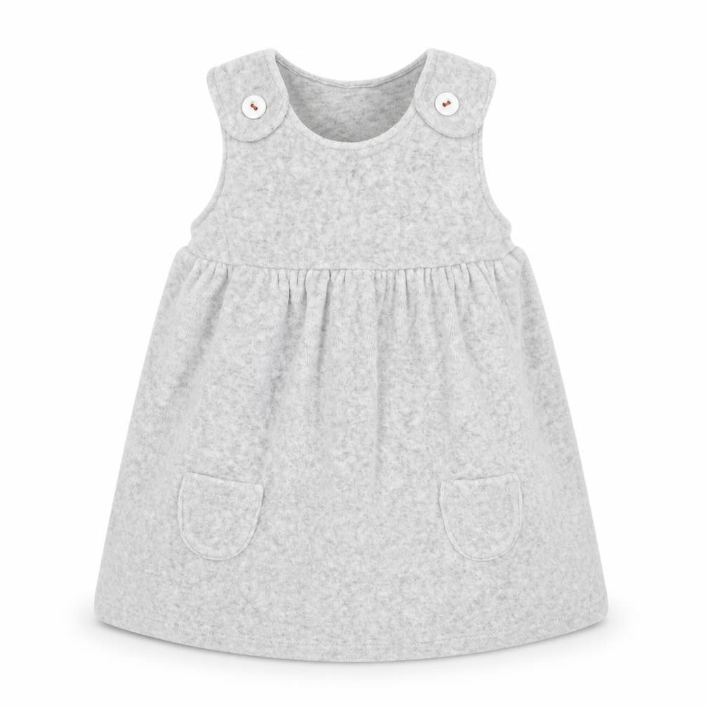 Front view of Marks & Spencer girls’ grey cotton a-line, size 6-9, months crew neck button
