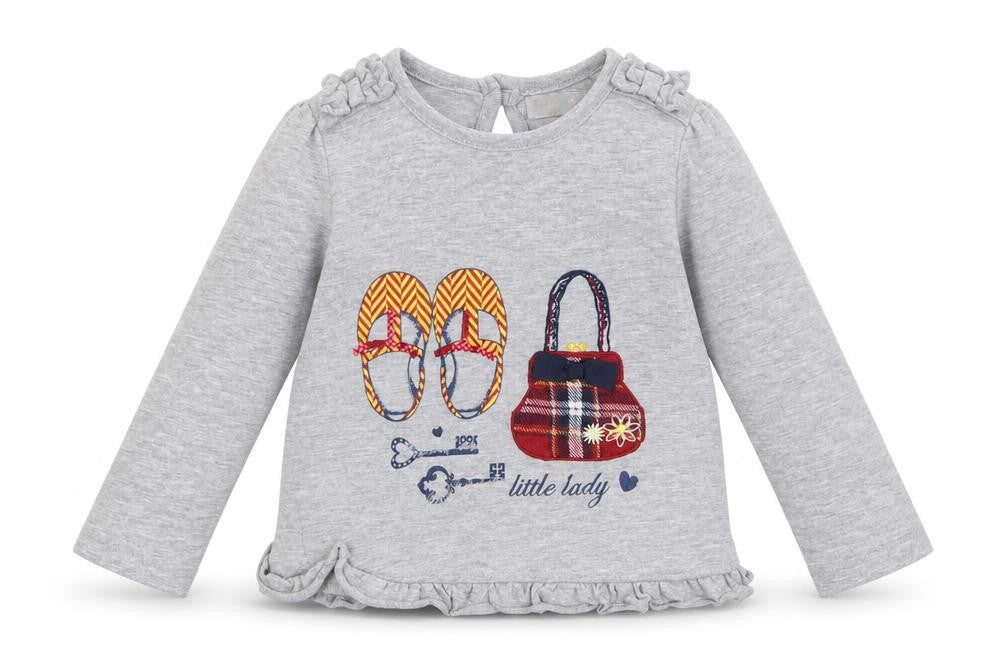 Front view of M&Co girls’ grey cotton basic casual, size 6-9, months crew neck button - little lady