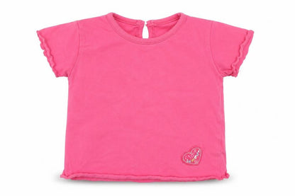 Front view of George girls’ pink cotton basic t-shirt, size 6-9, months crew neck button - i love summer