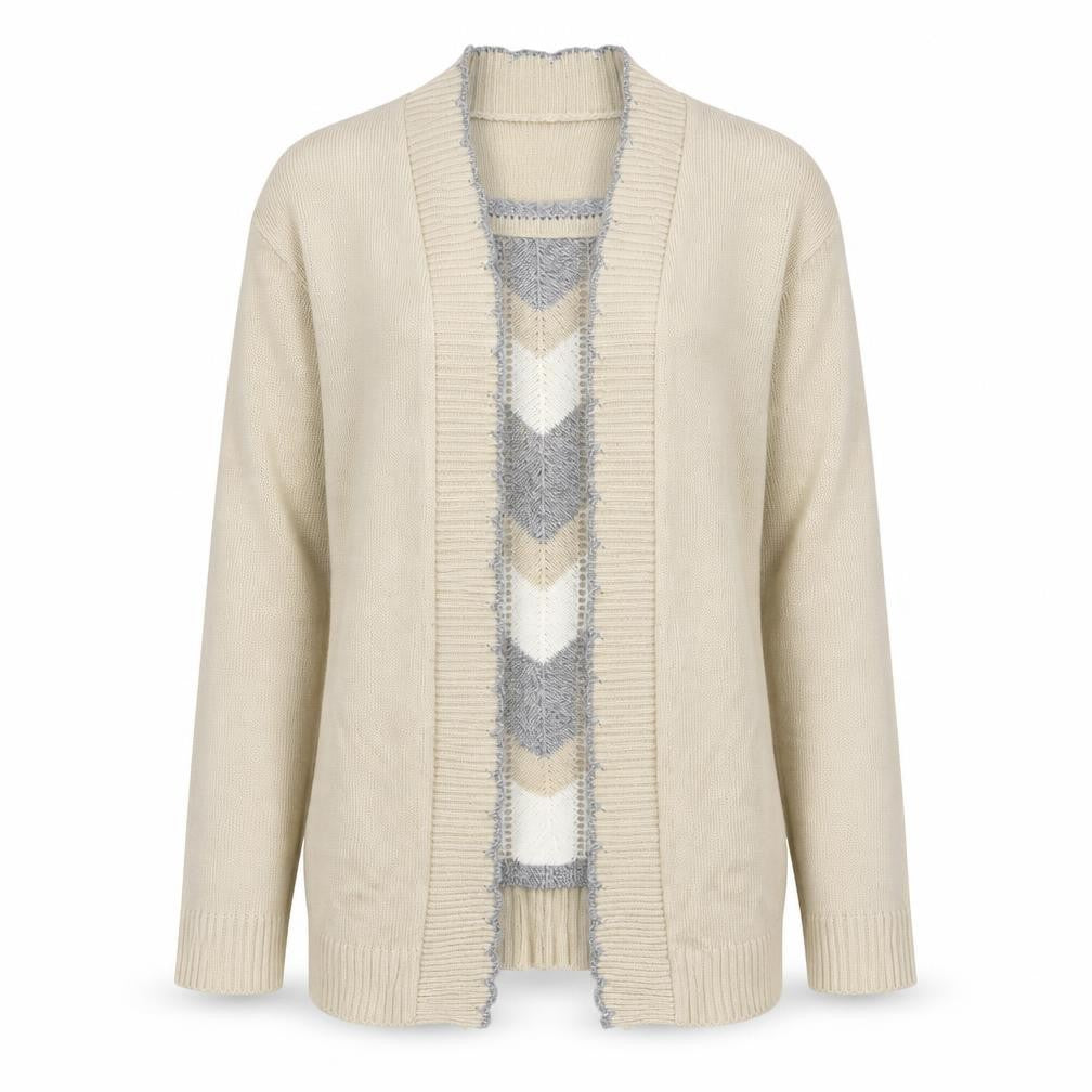 Front view of lady lee women’s beige square neck striped acrylic jumper, size S