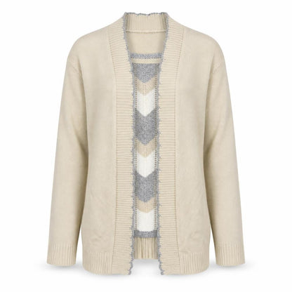 Front view of lady lee women’s beige square neck striped acrylic jumper, size S