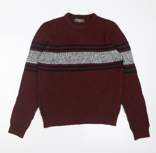 Primark Mens Red Crew Neck Striped Acrylic Pullover Jumper Size S