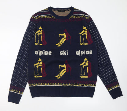 Cedar Wood State Mens Blue Crew Neck Polka Dot Acrylic Pullover Jumper Size L