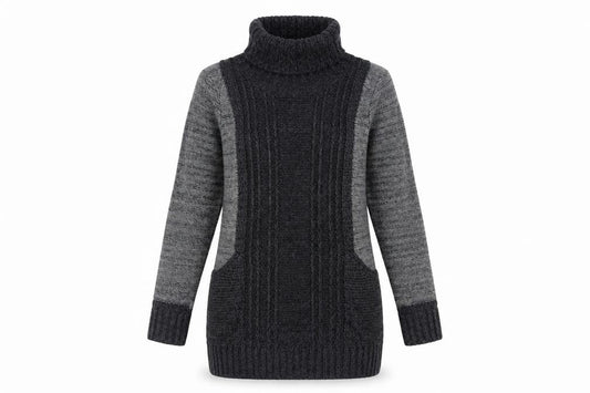 Front view of Pura Moda women’s grey roll neck acrylic tunic jumper, size S