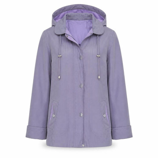 Front view of Isle women’s purple anorak coat, size UK 12, zip